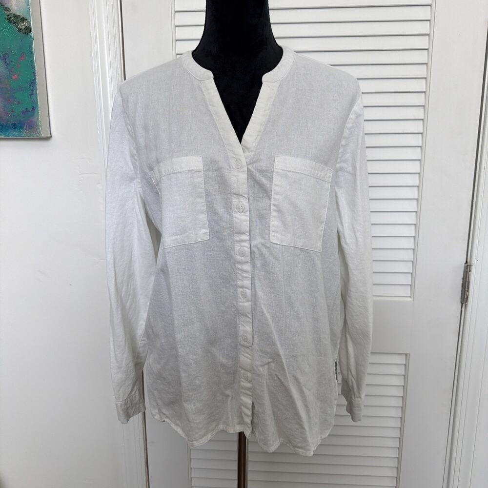 Gloria Vanderbilt White Linen Blend Full Button Long Sleeve Top - Size Large